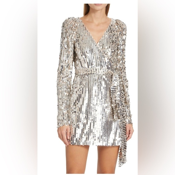 ROTATE Birger Christensen Sliver Sequin Wrap Minidress US 10 NWT 420$ - Picture 4 of 12